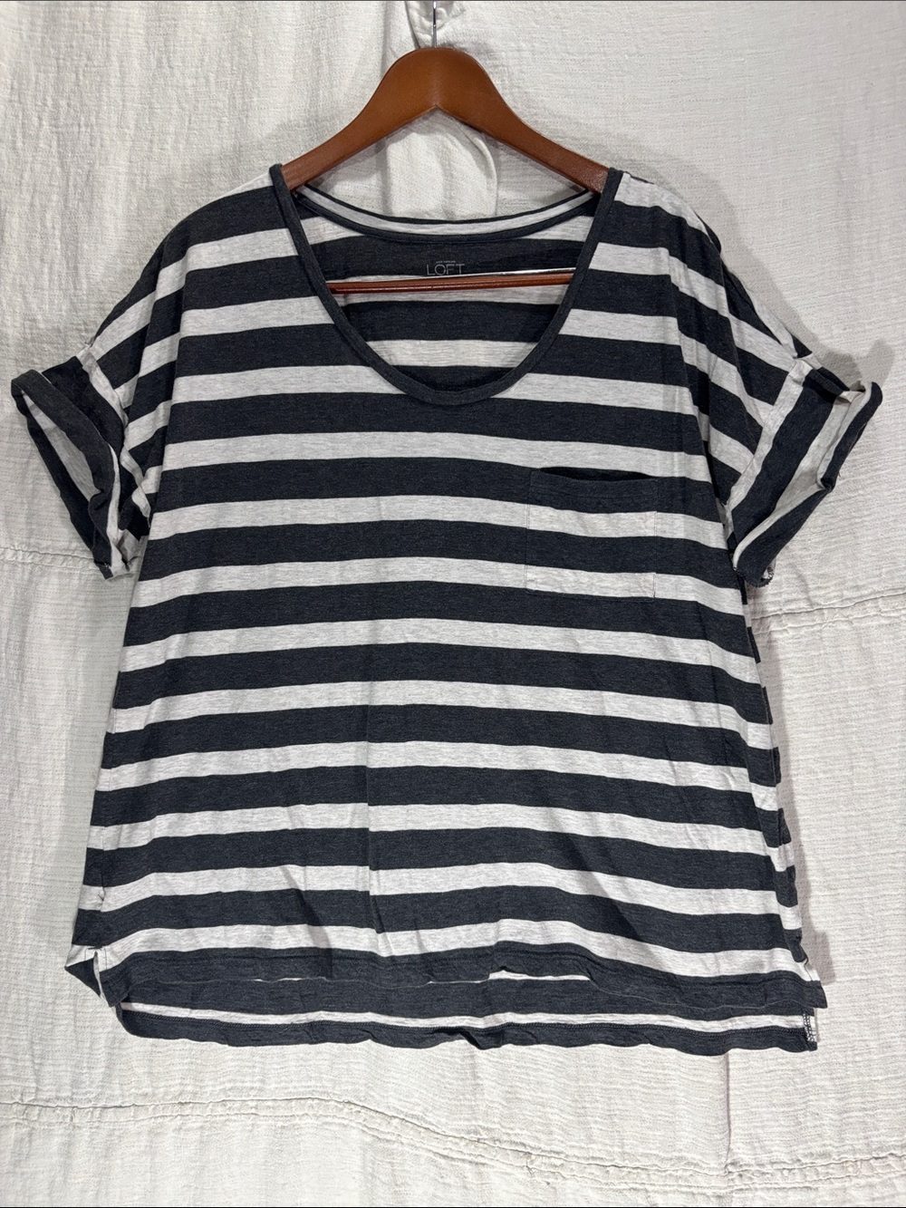 LOFT Striped Short Sleeve Pocket Tee Shirt Black White XL 100% Cotton